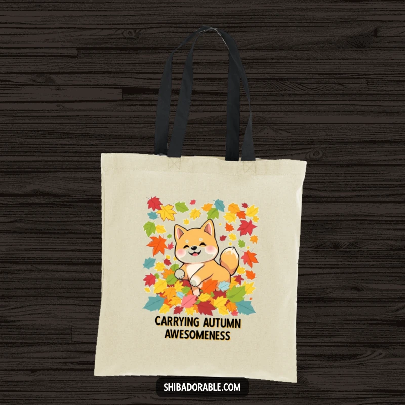 Funny Shiba Inu dog happily tumbling in a pile of autumn leaves, designed on a durable tote bag for cheerful seasonal use.