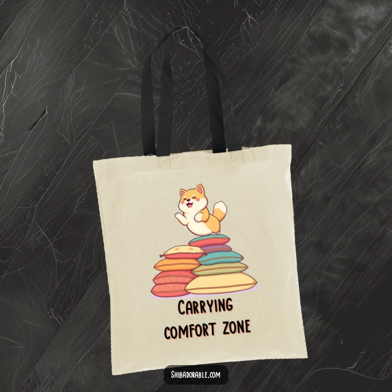 Funny Shiba Inu dog leaping over colorful cushions, ready for adventure. A functional tote bag.