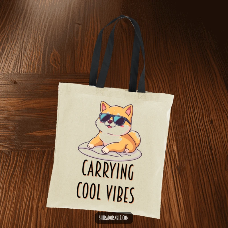 Funny Shiba Inu wearing sunglasses and lounging on a sunbeam on a durable tote bag, perfect for everyday use.