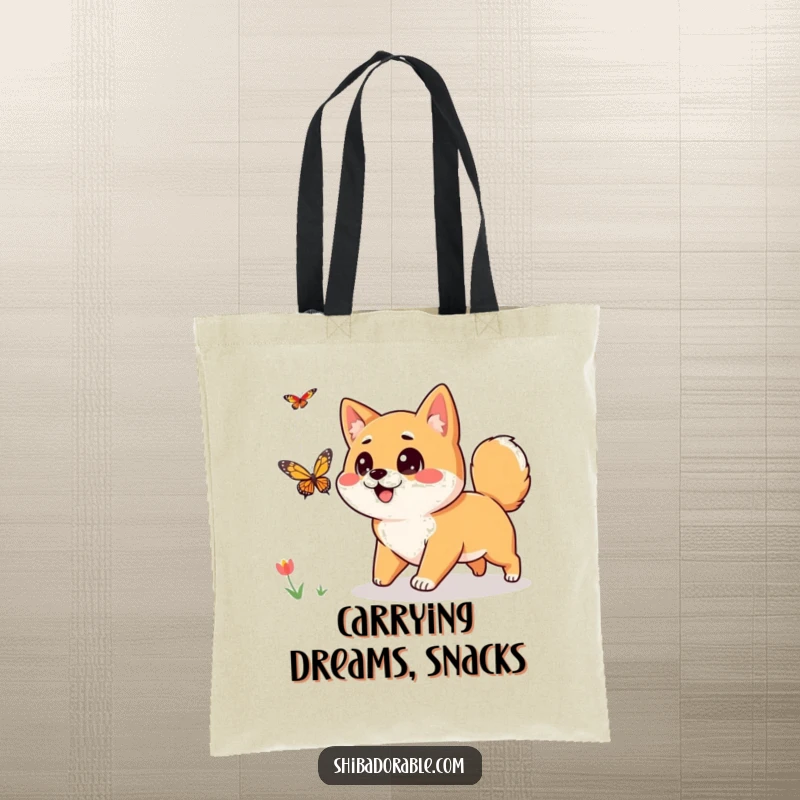 Funny Shiba Inu Tote Bag: A curious Shiba Inu with wide eyes enthusiastically chases a butterfly, a hilarious and charming design.