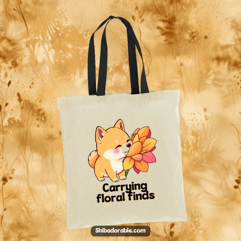 Funny Shiba Inu Tote Bag: A Shiba Inu with perked ears curiously sniffs a giant, colorful flower, a charming accessory.