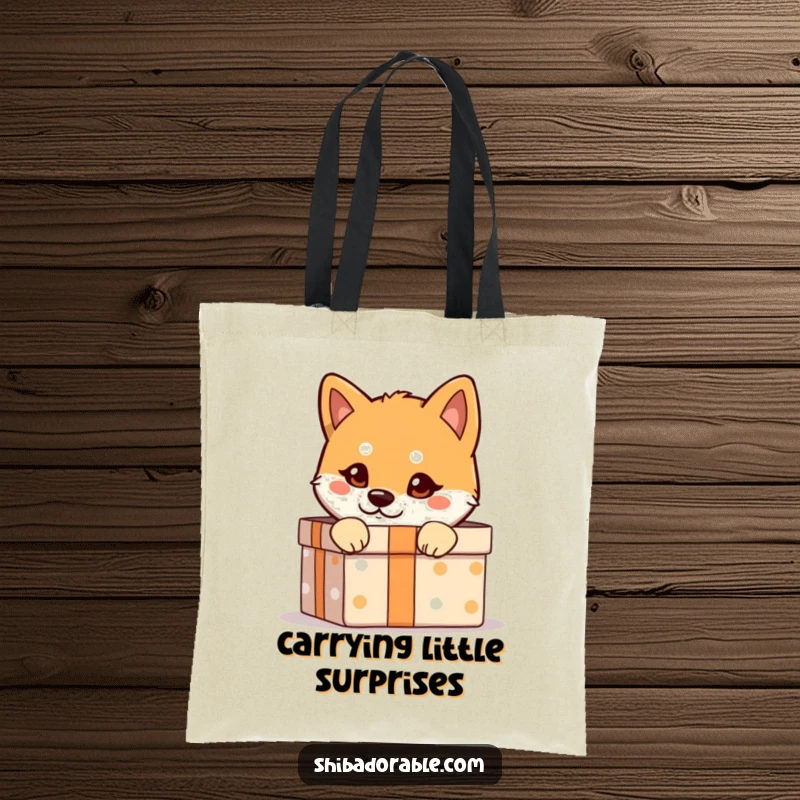 Funny Shiba Inu Tote Bag: A Shiba Inu with a mischievous glint peeks from a gift box, a hilarious and practical accessory.