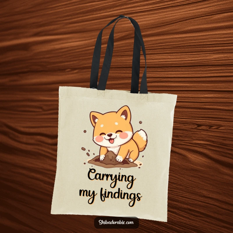 Funny Shiba Inu dog playfully digging a hole with dirt flying comically, a practical and amusing tote bag.
