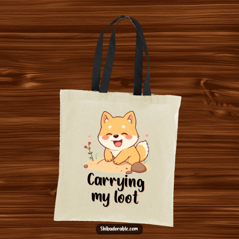 Funny Shiba Inu Tote Bag: A Shiba Inu joyfully digs, searching for imaginary treasure, a hilarious and practical accessory.