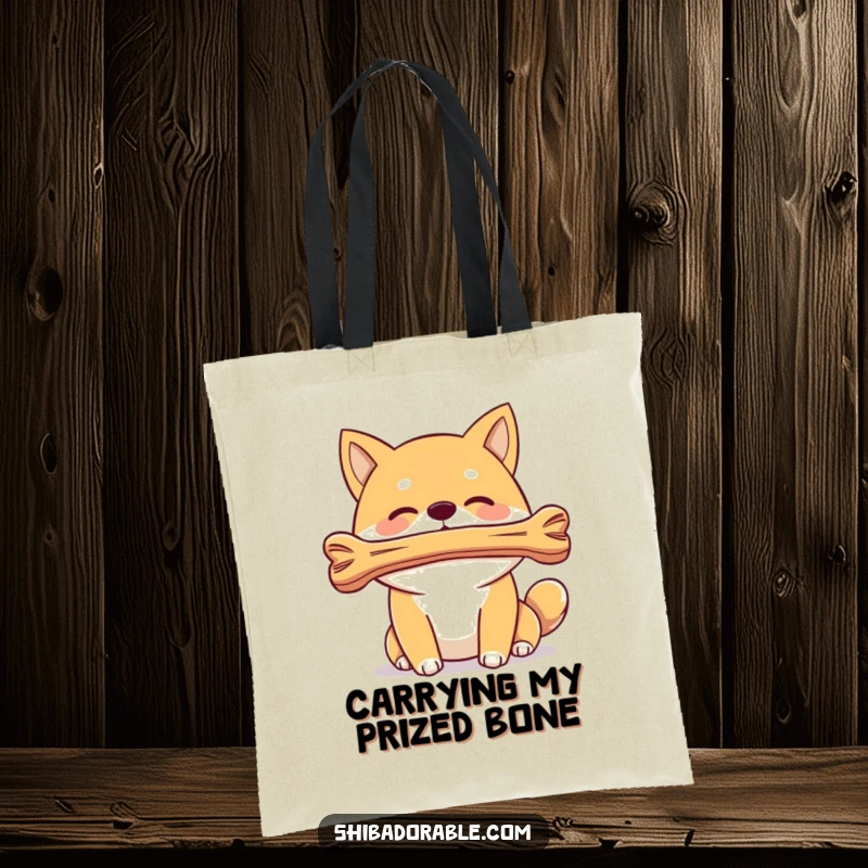 Funny Shiba Inu dog balancing a bone on its nose, printed on a durable tote bag, celebrating canine talent.
