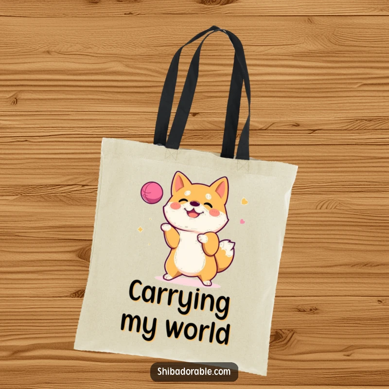 Funny Tote Bag showcasing a happy Shiba Inu dog juggling a ball, ideal for carrying essentials and smiles.