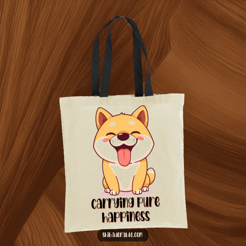 Funny Shiba Inu tote bag showing a happy dog panting with a big, goofy grin, a humorous and practical accessory.