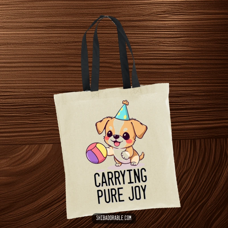 Funny dog tote bag depicting a small dog wearing a party hat, enthusiastically bouncing a colorful ball, a cheerful and playful design.