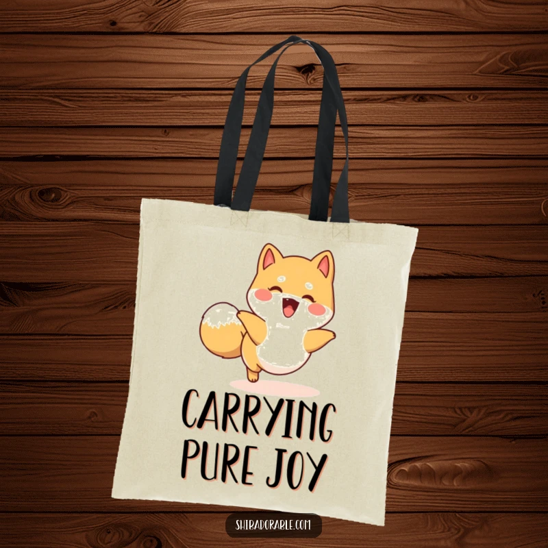 Funny happy Shiba Inu tote bag with a dog playfully chasing its tail in a circle, perfect for everyday use.