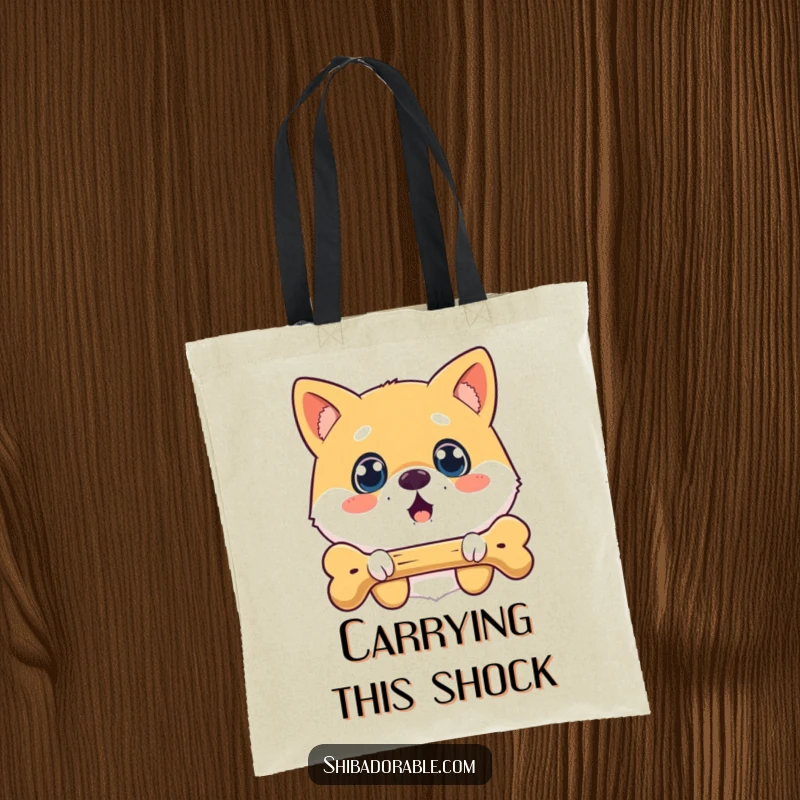 Funny surprised Shiba Inu tote bag with a wide-eyed dog looking at a floating bone, perfect for everyday use.