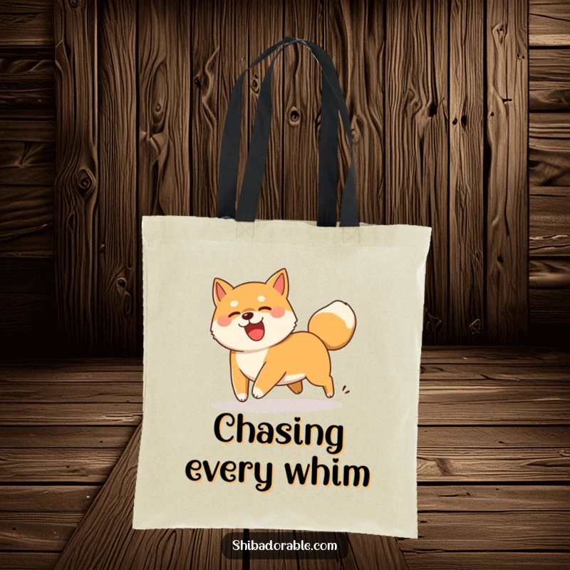 Funny Shiba Inu dog comically chasing its wagging tail, a practical and amusing tote bag for daily use.