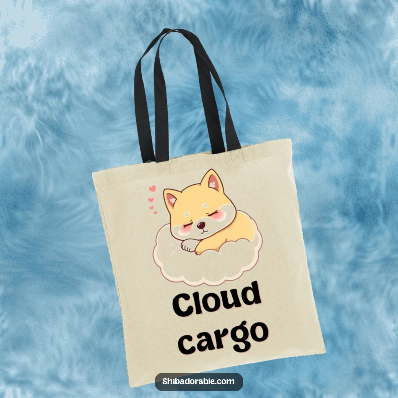 Funny Shiba Inu Cloud Tote Bag showcasing a serene, sleeping Shiba Inu dog resting on a dreamy, fluffy cloud.