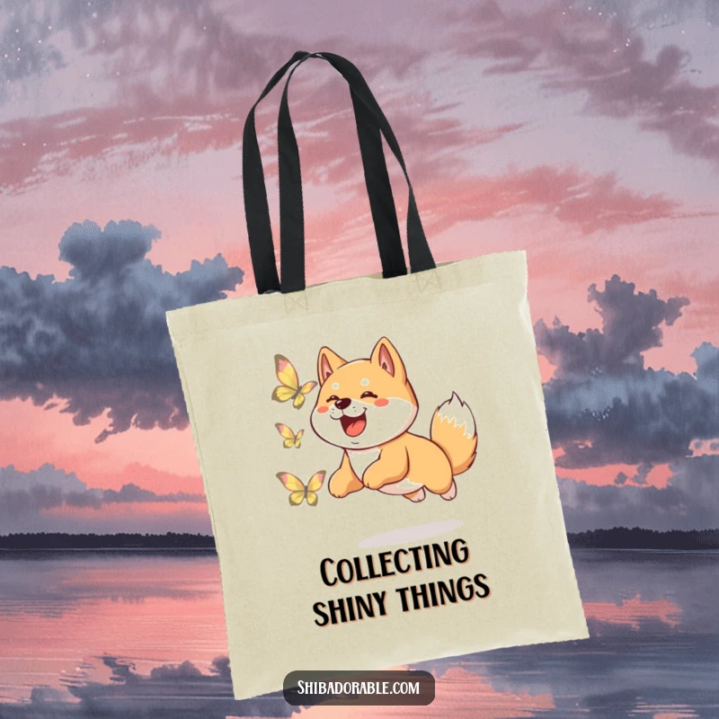 Funny Shiba Inu tote bag depicting a happy dog leaping excitedly, chasing a beautiful, shimmering butterfly amongst flowers.