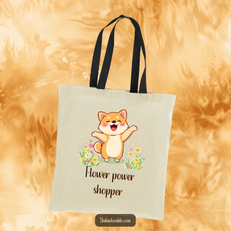 Funny Shiba Inu tote bag depicting a dog doing a happy dance in a flower field, ideal for shopping and smiles.