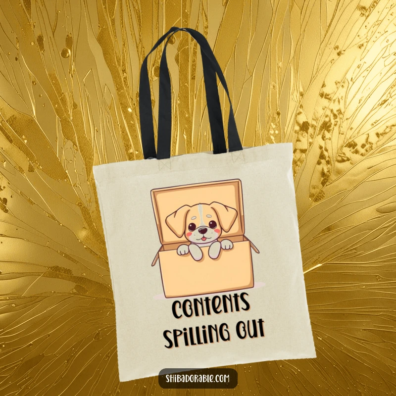 Funny dog tote bag featuring a dog comically spilling out of a large open box, floppy ears adding a humorous, dynamic element.