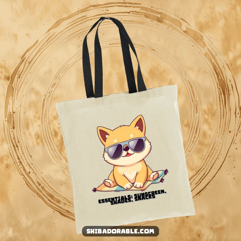 Funny Kawaii Shiba Inu puppy lounging on a beach towel, wearing sunglasses, a stylish and humorous tote bag for all your beach essentials.
