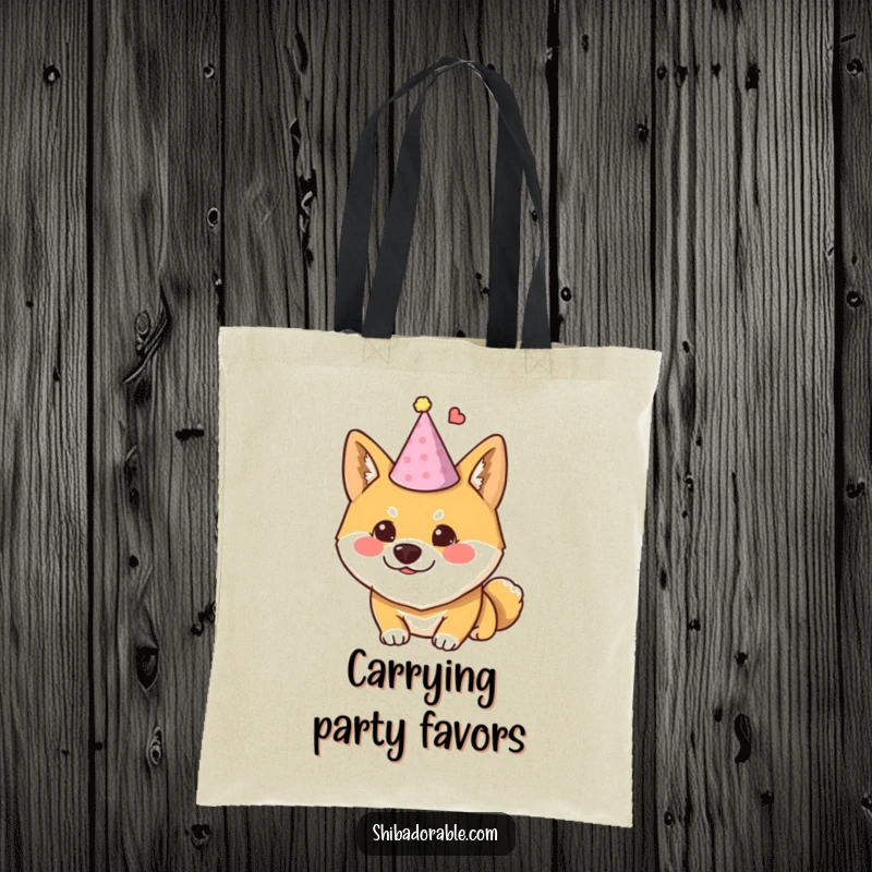 Funny Shiba Inu tote bag showing a dog wearing a tiny party hat and looking mischievous, a humorous accessory.