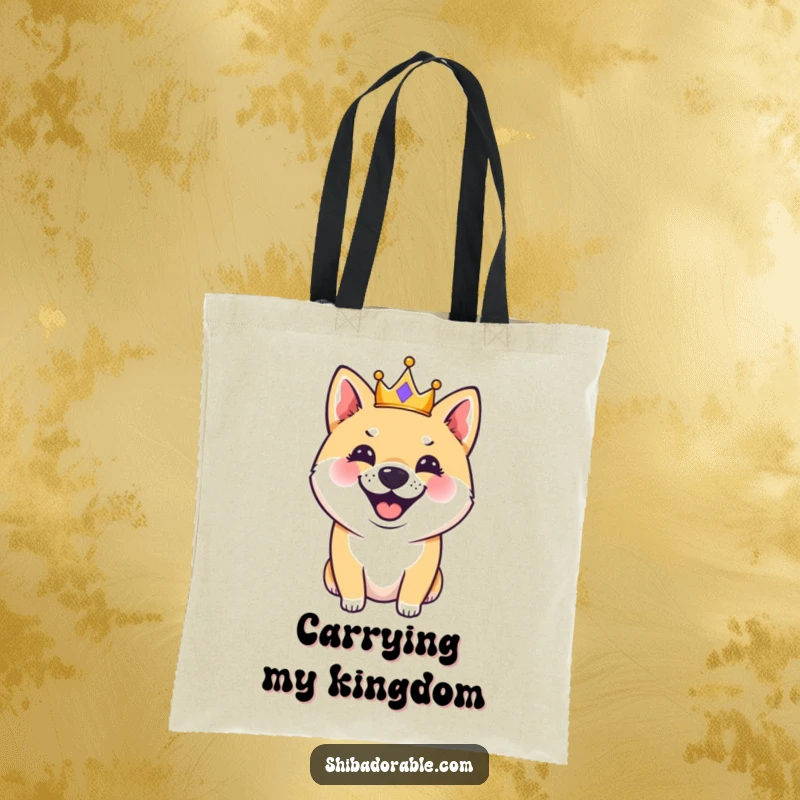 Funny Shiba Inu dog with a small crown, barking joyfully, on a durable tote bag, showcasing canine charm and humor.