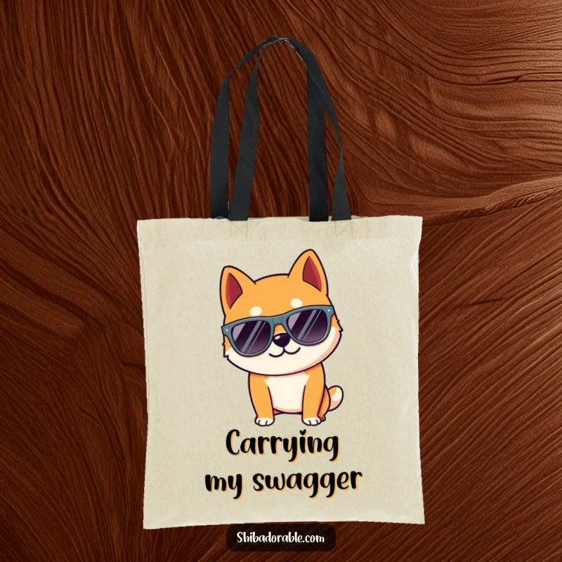 Funny Shiba Inu dog wearing oversized sunglasses, posing coolly, ready for errands. A functional tote bag.