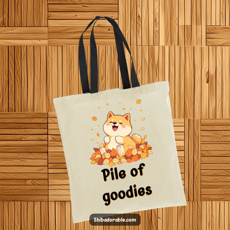 Funny Shiba Inu Tote Bag: A Shiba Inu joyfully rolls in colorful autumn leaves, a charming accessory for fall.