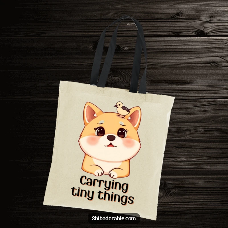 Funny tote bag printed with a surprised Shiba Inu dog looking up as a bird lands on its head, a humorous accessory for daily use.