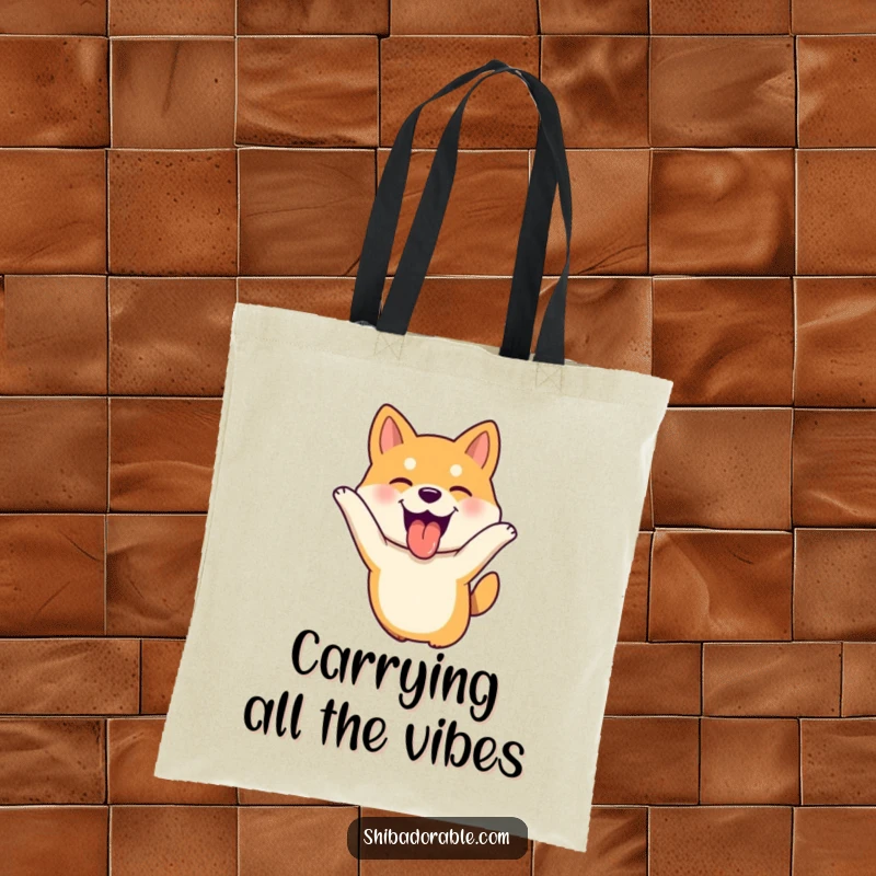 Funny Shiba Inu dog leaping with tongue out, ears flopping joyfully, a practical and amusing tote bag.