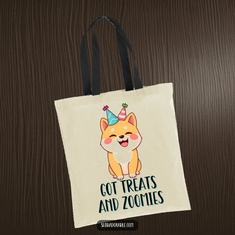 Funny Shiba Inu tote bag, a joyful dog with a party hat, wagging tail, perfect for carrying items with humor.