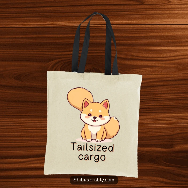 Funny Tote Bag showcasing a shy Shiba Inu dog peeking from behind its large wagging tail, ideal for carrying essentials and smiles.