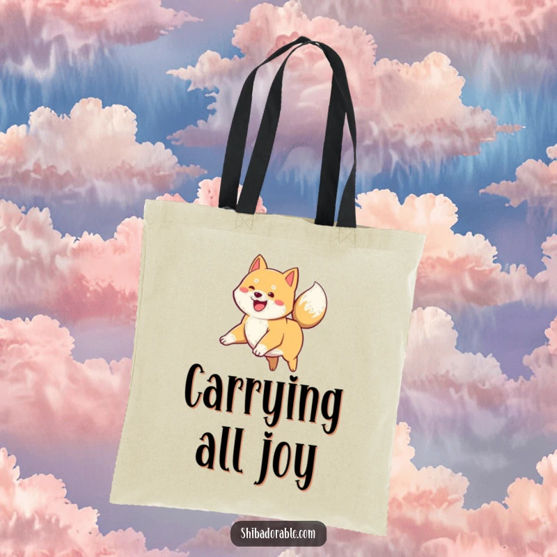 Funny Shiba Inu Tote Bag: A happy Shiba Inu puppy leaps joyfully, its tail wagging with excitement, a delightful accessory.