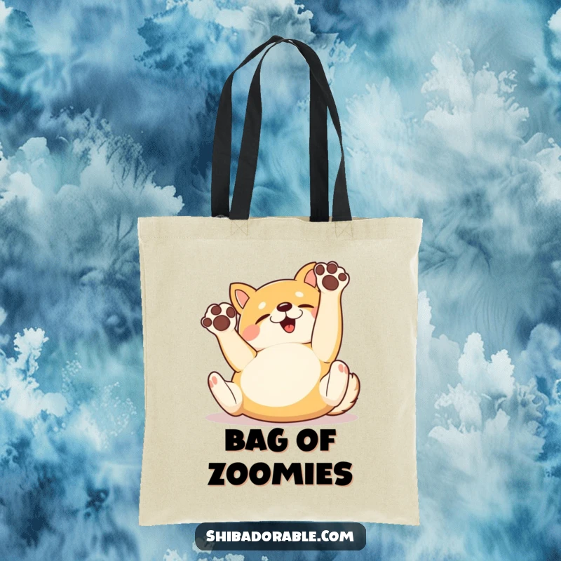 Funny Tote Bag showcasing a happy Shiba Inu dog rolling on its back with paws up, ideal for carrying essentials and smiles.