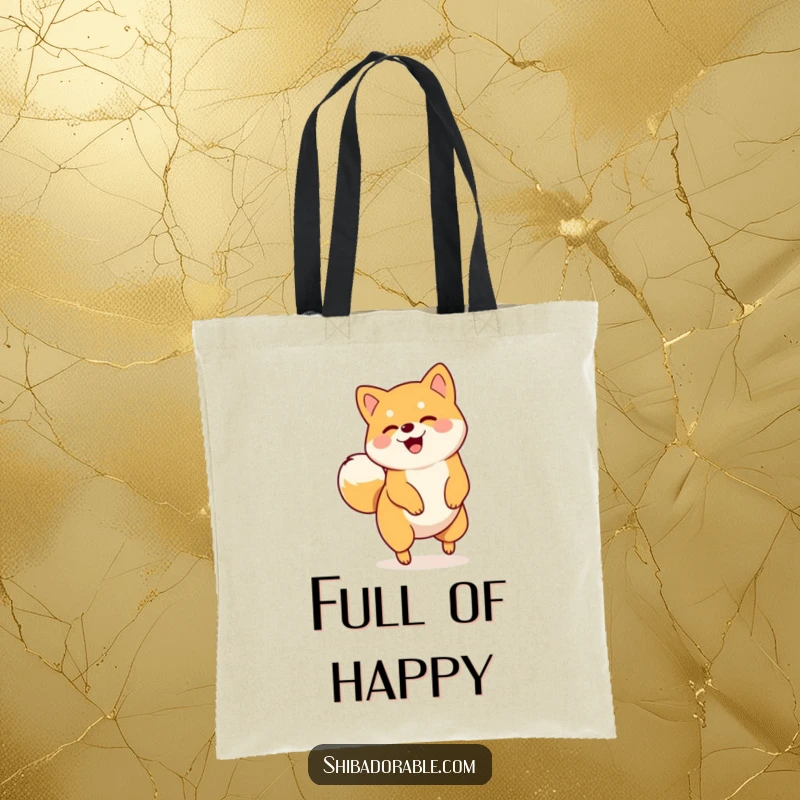 Funny tote bag featuring a Shiba Inu playfully spinning in a circle with its tail wagging enthusiastically, capturing pure happiness.