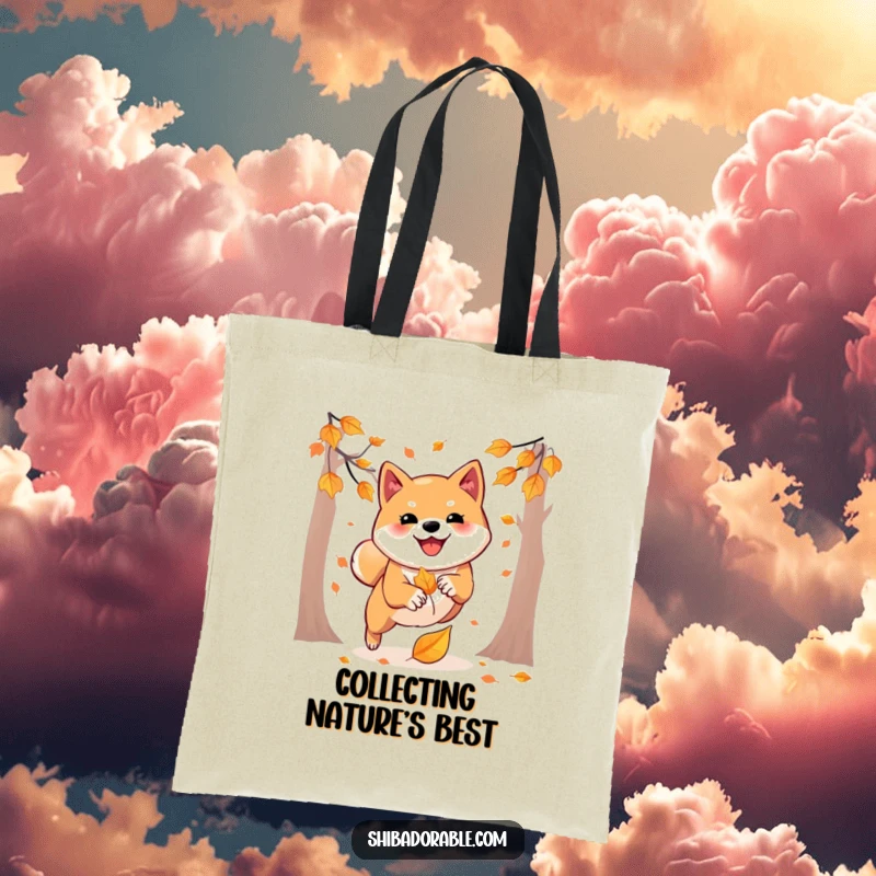 Funny tote bag depicting a Shiba Inu energetically pouncing on a colorful autumn leaf, perfect for fall lovers.