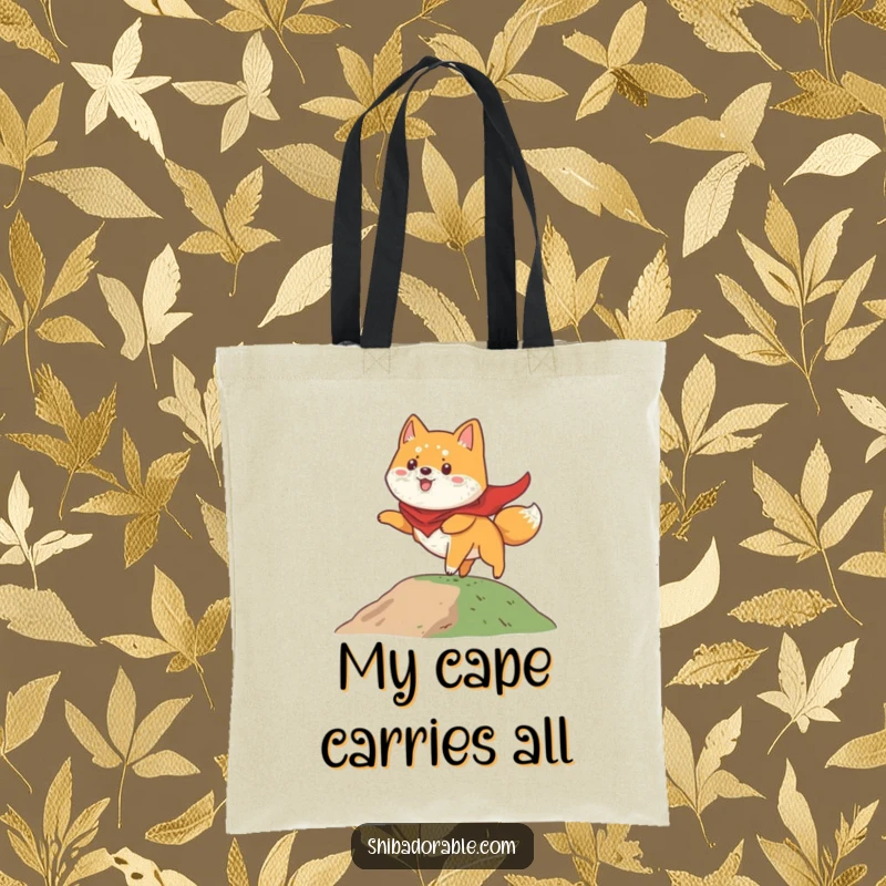 Funny Shiba Inu tote bag depicting a dog wearing a cape, comically preparing to fly from a small hill with great enthusiasm.