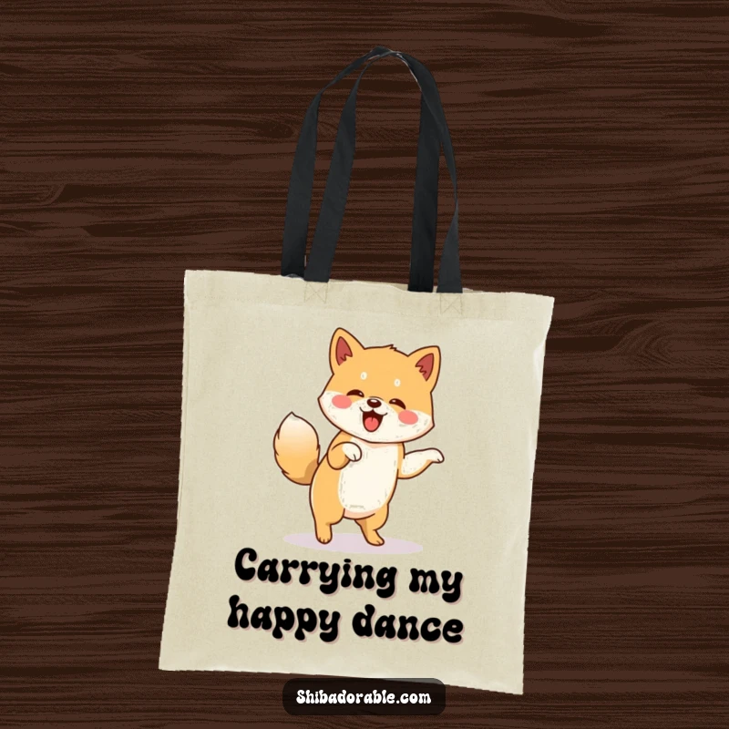 Funny tote bag depicting a Shiba Inu doing a joyful jig with its tail wagging furiously, ideal for lively outings.