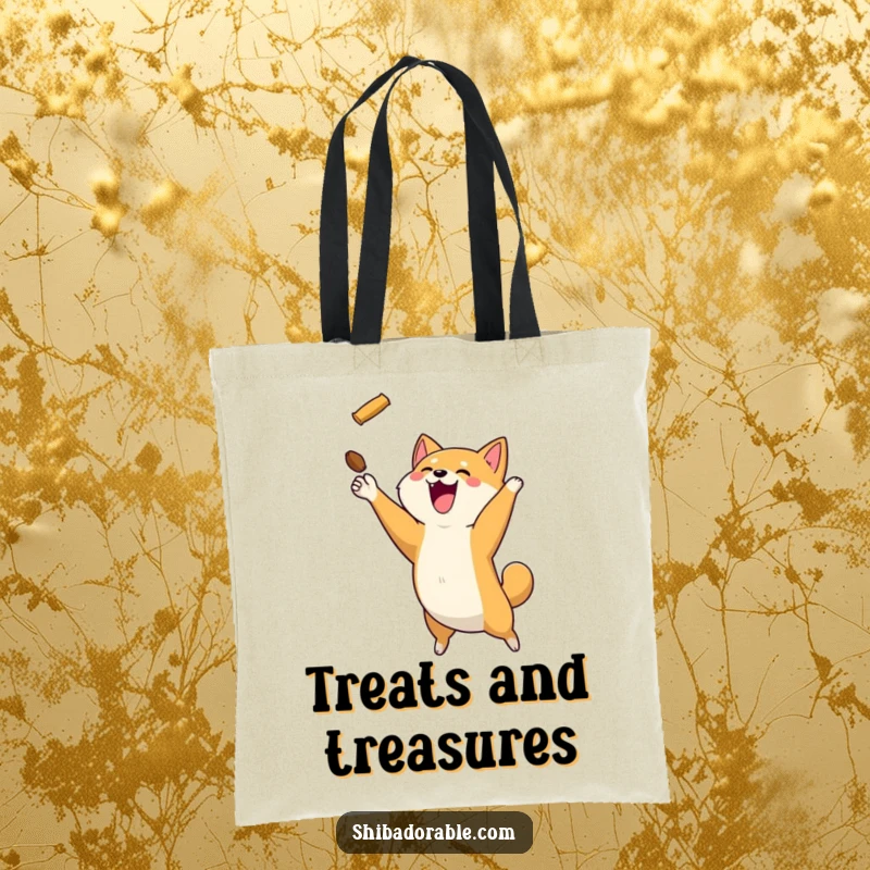 Happy Shiba Inu dog leaping to catch a treat, showcased on a durable and stylish tote bag.