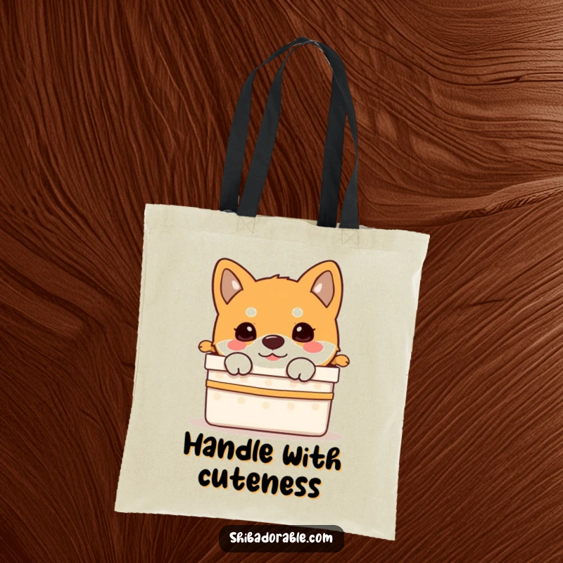 Funny Shiba Inu puppy peeking curiously from an open gift box, on a durable and stylish tote bag.