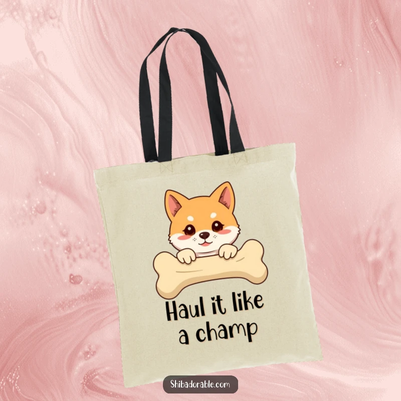 Funny Shiba Inu tote bag with a floppy-eared dog peeking over a large bone, perfect for shopping and humor.