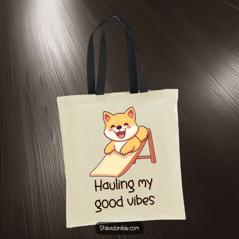 Funny Shiba Inu dog with a huge smile sliding down a slide, designed on a durable tote bag for cheerful errands.
