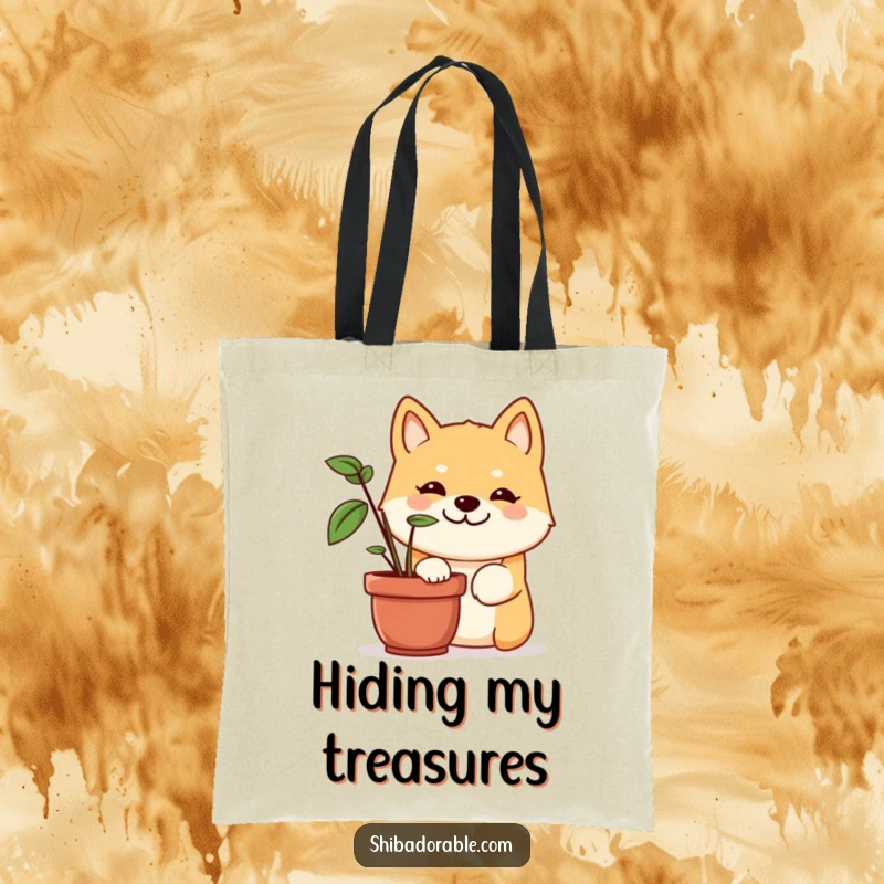Funny Shiba Inu tote bag depicting a dog with a wide, mischievous grin, peeking out from behind a green potted plant.