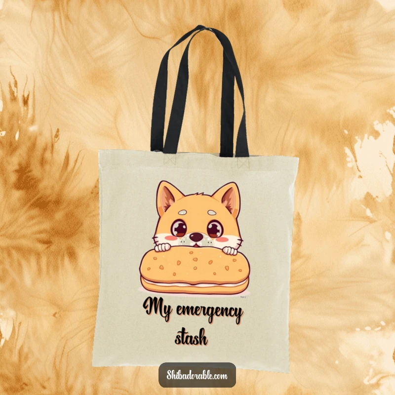 Funny Shiba Inu dog with wide surprised eyes peeking over a giant biscuit, a practical and amusing tote bag.