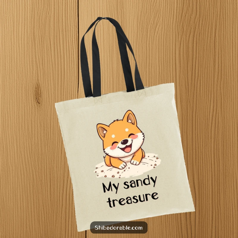 Funny Shiba Inu Tote Bag: Durable carry-all showcasing a happy dog digging enthusiastically in soft sand.