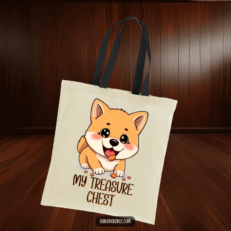 Funny tote bag depicting a Shiba Inu with wide, astonished eyes discovering a hidden treat, ideal for dog enthusiasts.