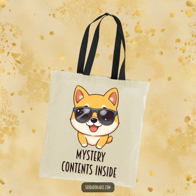 Funny Shiba Inu dog wearing sunglasses and giving a wink, designed on a durable tote bag for stylish and humorous everyday use.