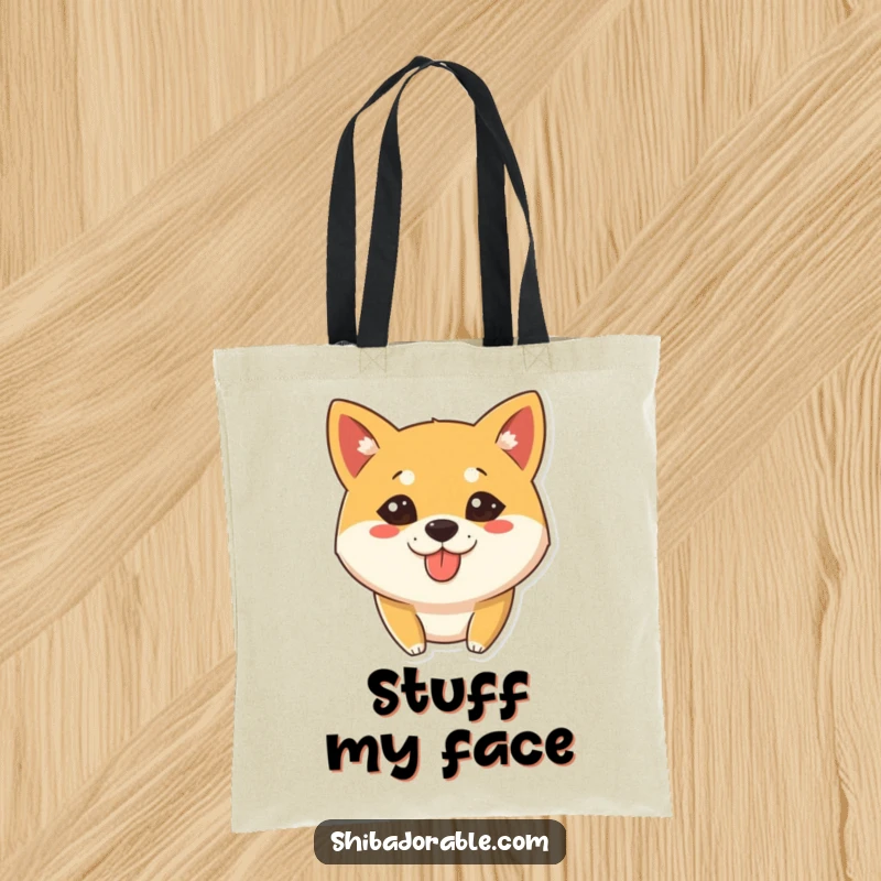 Funny Tote Bag showcasing a Shiba Inu dog with a silly expression and tongue slightly out, ideal for carrying essentials and smiles.